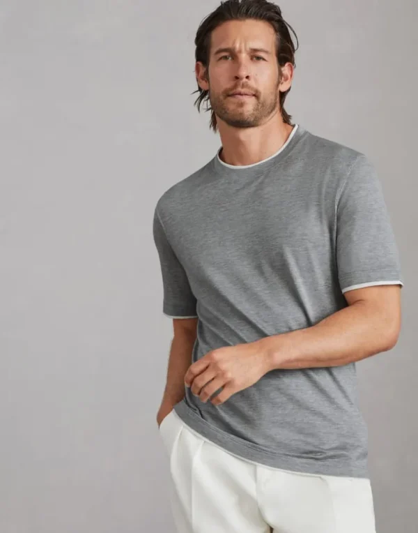 Silk and cotton lightweight jersey crew neck T-shirt with faux-layering