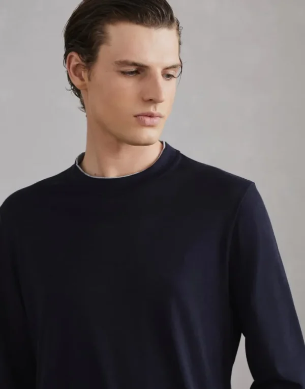 Silk and cotton lightweight jersey long sleeve crew neck T-shirt with contrast detail