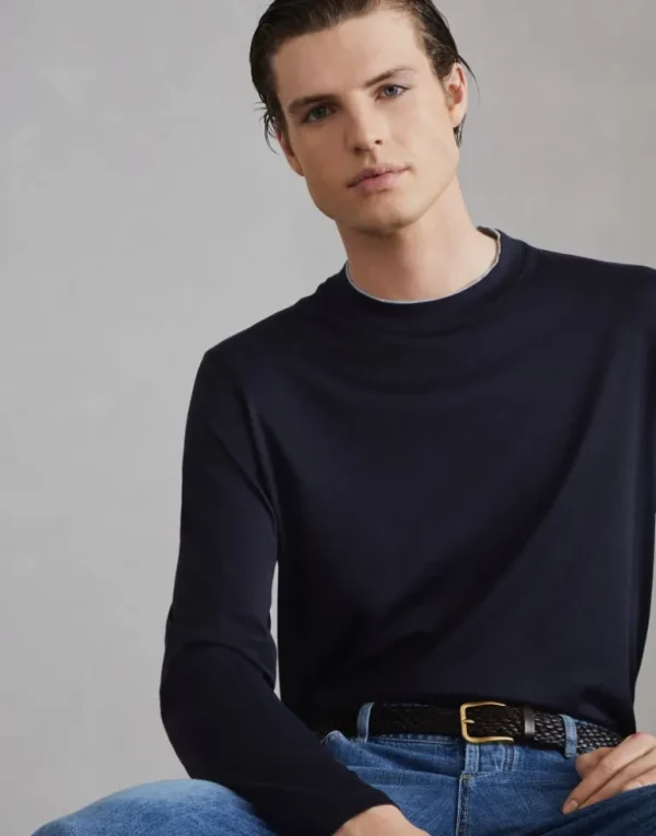 Silk and cotton lightweight jersey long sleeve crew neck T-shirt with contrast detail