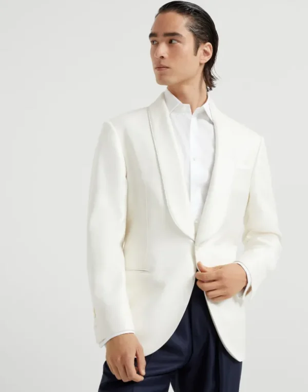 Silk diagonal tuxedo jacket with shawl lapels and piping