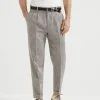 Silk, linen and cotton chevron leisure fit trousers with double pleats