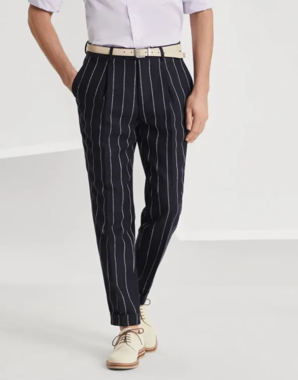 Slubbed linen and cotton chalk stripe canvas leisure fit trousers with pleat