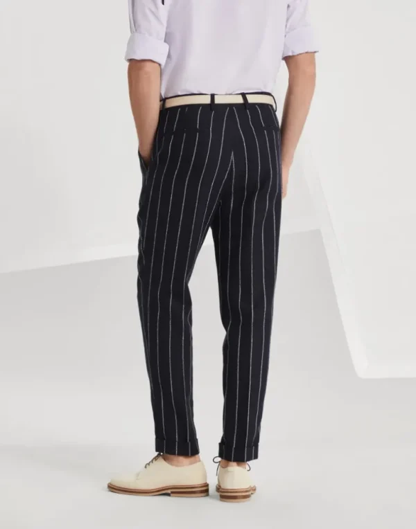 Slubbed linen and cotton chalk stripe canvas leisure fit trousers with pleat