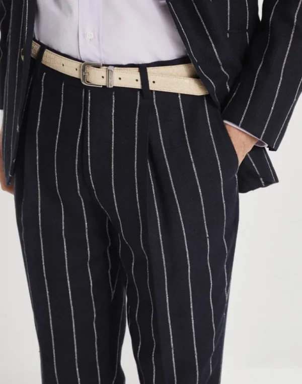 Slubbed linen and cotton chalk stripe canvas leisure fit trousers with pleat