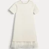 Soft techno satin dress with detachable dazzling feather insert and monili