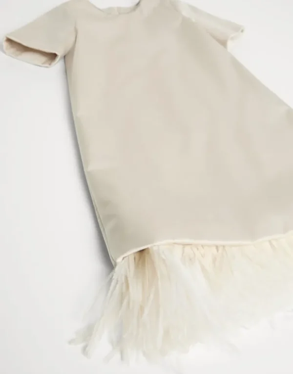 Soft techno satin dress with detachable dazzling feather insert and monili