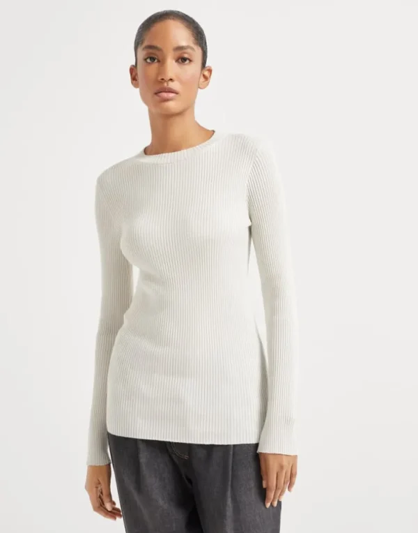 Sparkling cashmere and silk rib knit lightweight sweater