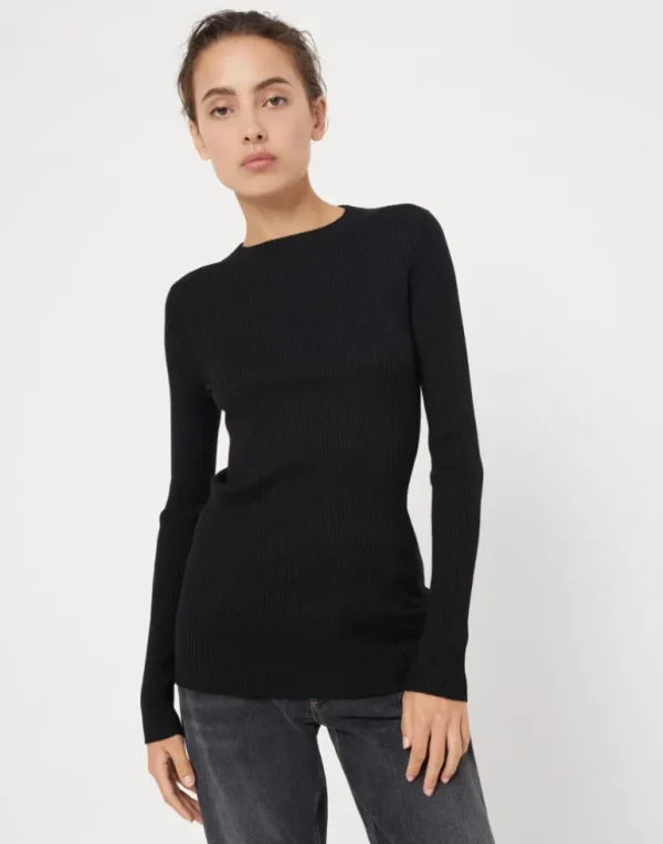 Sparkling cashmere and silk rib knit lightweight sweater