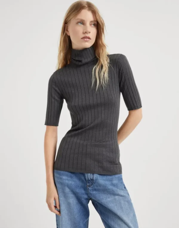 Sparkling cashmere and silk rib knit turtleneck sweater