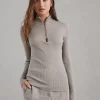 Sparkling cashmere and silk rib knit lightweight sweater with half zip and shiny detail