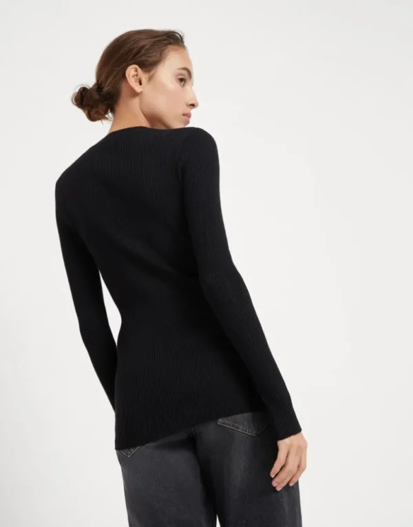 Sparkling cashmere and silk rib knit lightweight sweater