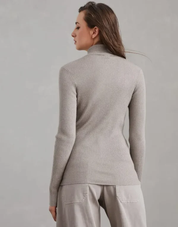 Sparkling cashmere and silk rib knit lightweight sweater with half zip and shiny detail