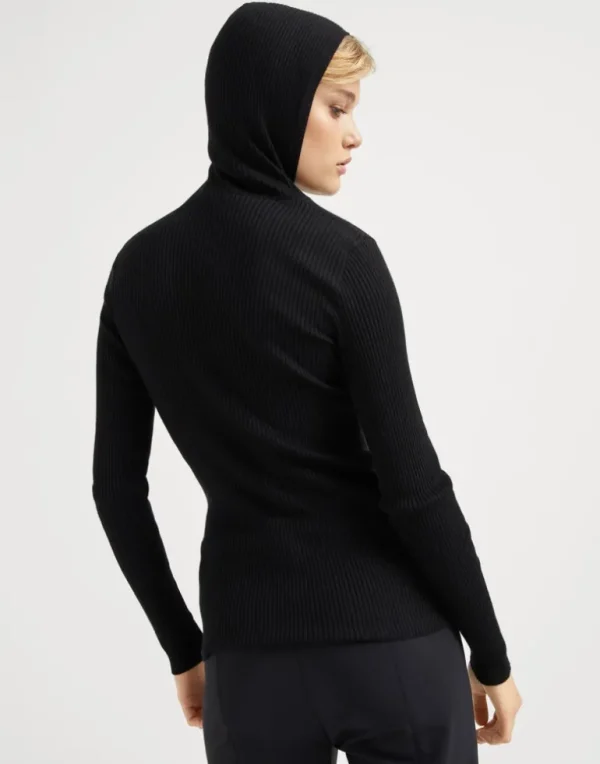 Sparkling cashmere and silk lightweight rib knit hooded sweater with shiny detail