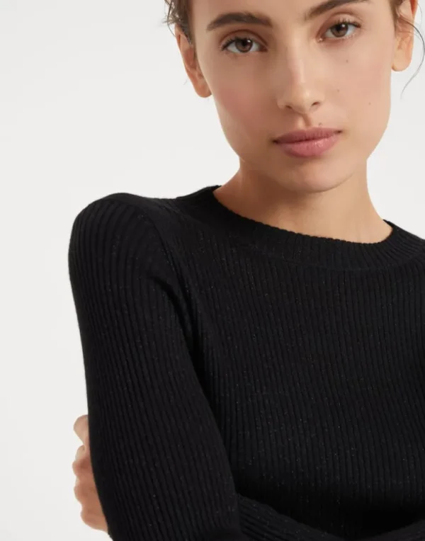 Sparkling cashmere and silk rib knit lightweight sweater