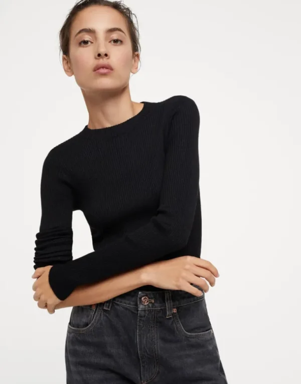 Sparkling cashmere and silk rib knit lightweight sweater