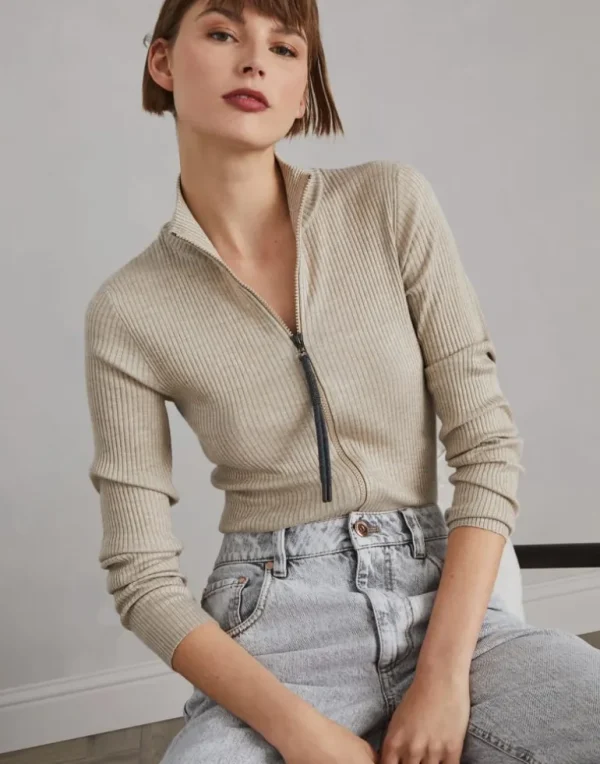 Sparkling cashmere and silk lightweight ribbed cardigan with shiny zipper pull