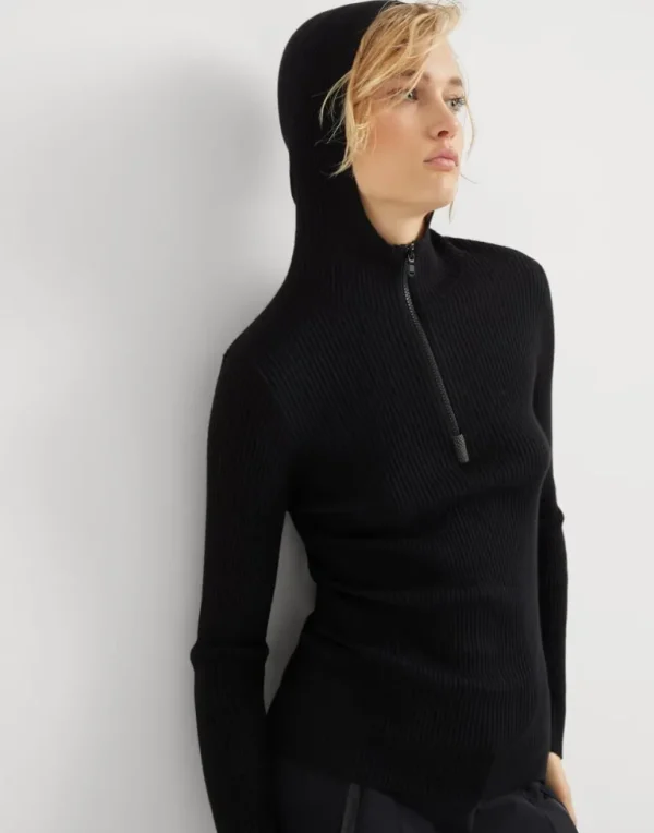 Sparkling cashmere and silk lightweight rib knit hooded sweater with shiny detail