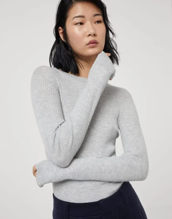 Sparkling cashmere and silk rib knit lightweight sweater