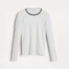 Sparkling cashmere rib knit sweater with striped neckline