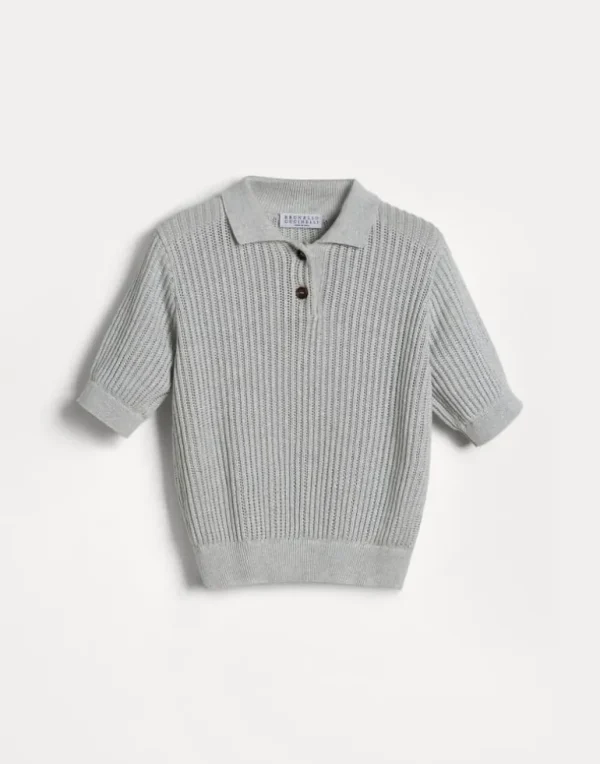 Sparkling cotton openwork rib knit polo shirt