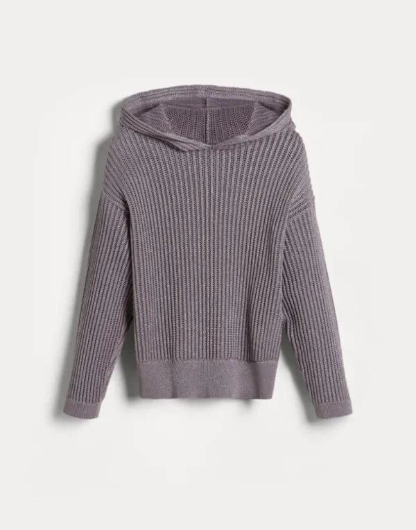 Sparkling cotton openwork rib knit hooded sweatshirt