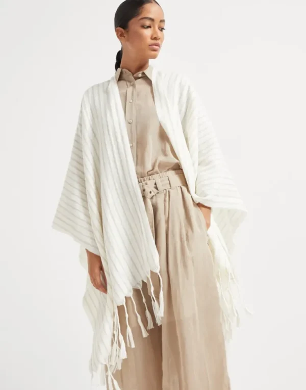 Sparkling striped wool and linen double knit poncho