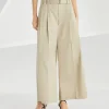 Stretch cotton gabardine pleated A-line trousers