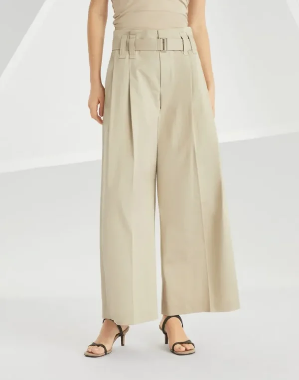 Stretch cotton gabardine pleated A-line trousers