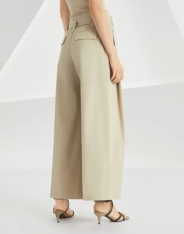 Stretch cotton gabardine pleated A-line trousers