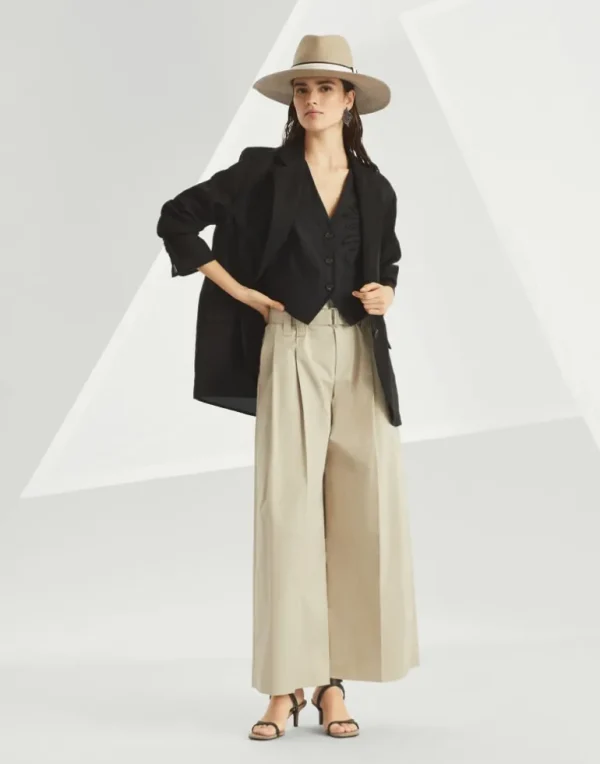 Stretch cotton gabardine pleated A-line trousers