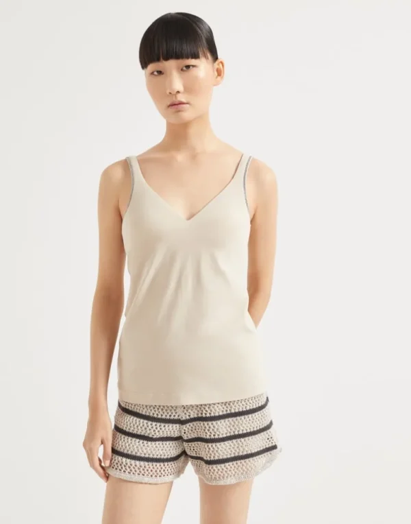 Stretch cotton jersey top with shiny straps