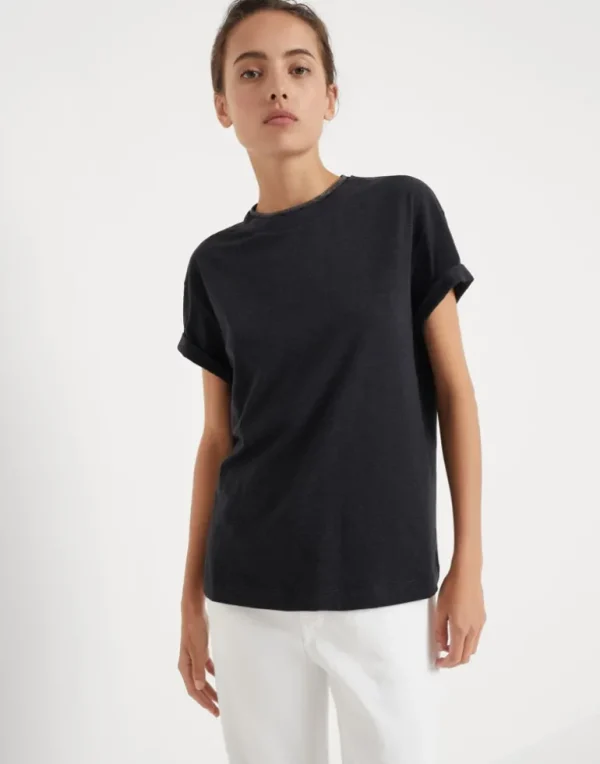 Stretch cotton jersey T-shirt with precious faux-layering