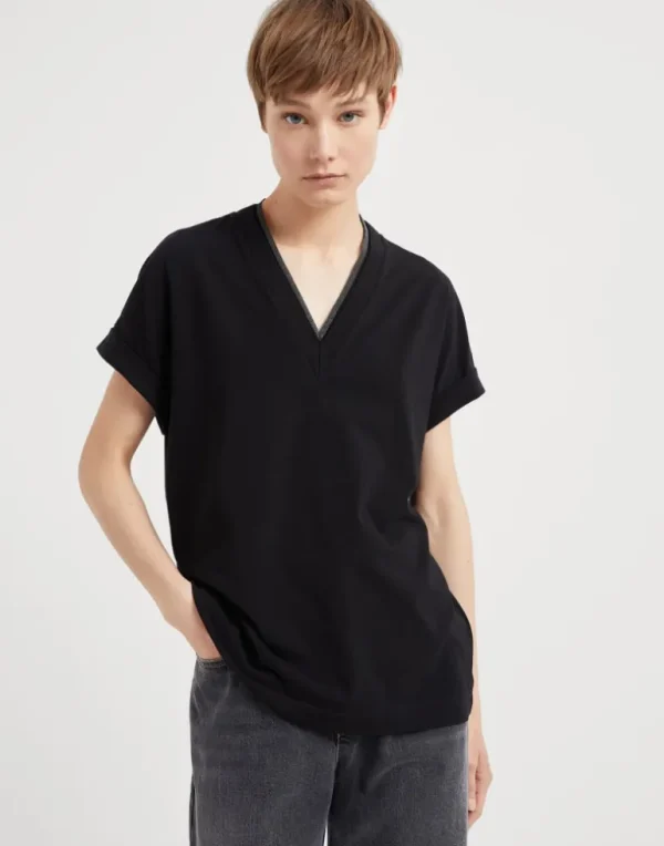 Stretch cotton jersey T-shirt with precious neckline