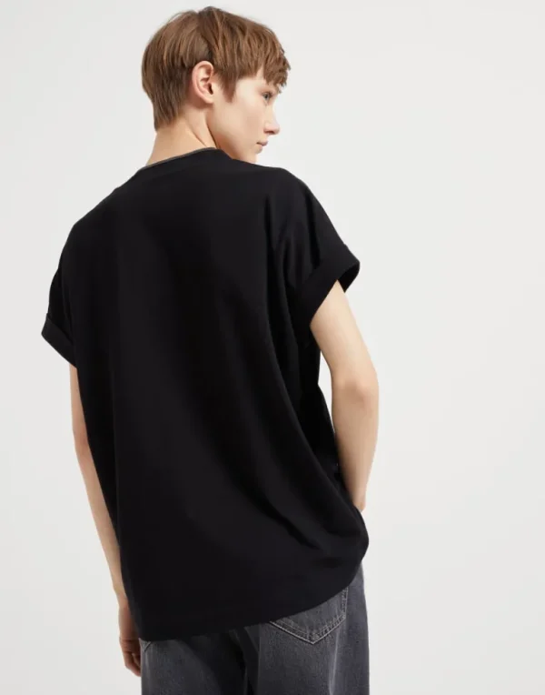 Stretch cotton jersey T-shirt with precious neckline