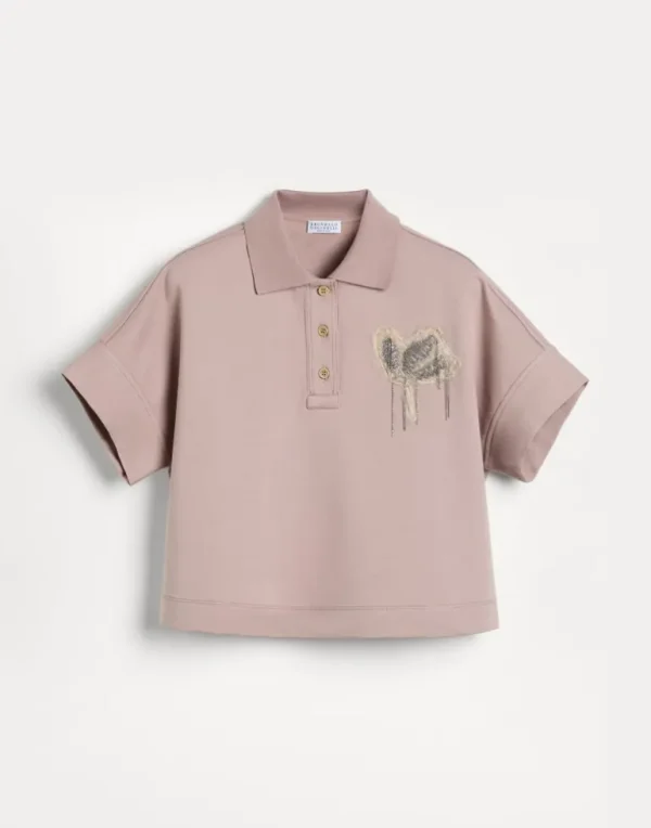 Stretch cotton lightweight French terry polo shirt with precious flower crest