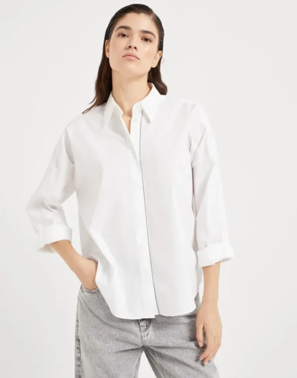 Stretch cotton poplin shirt with shiny trim