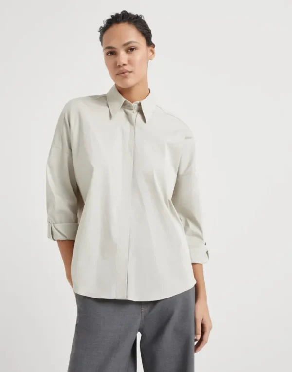 Stretch cotton poplin shirt with shiny trim