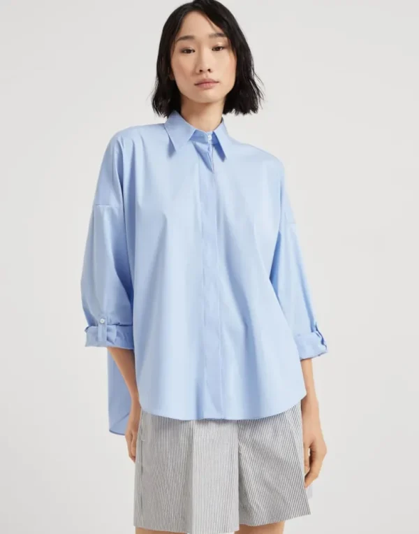 Stretch cotton poplin shirt with shiny trim