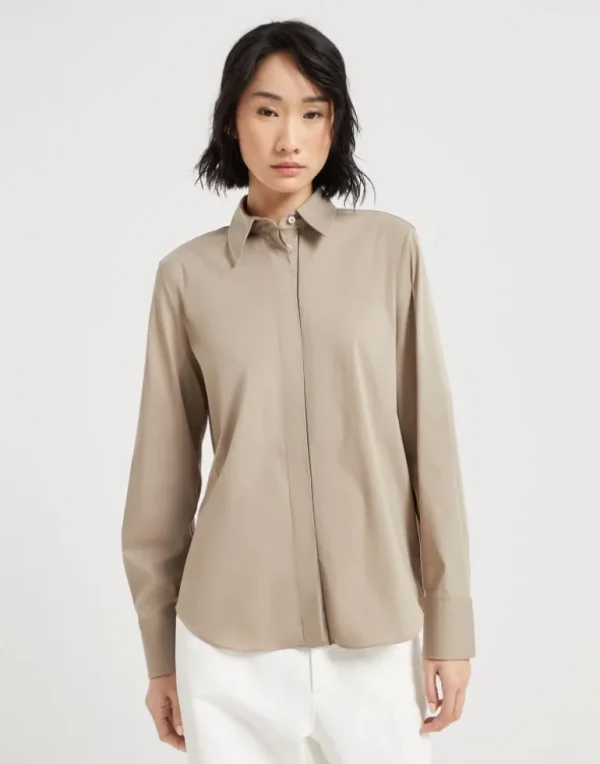 Stretch cotton poplin shirt with shiny trim