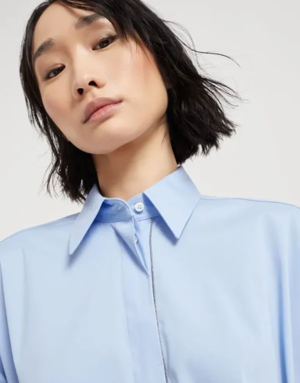 Stretch cotton poplin shirt with shiny trim