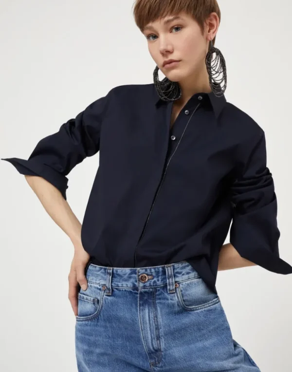 Stretch cotton poplin shirt with shiny trim