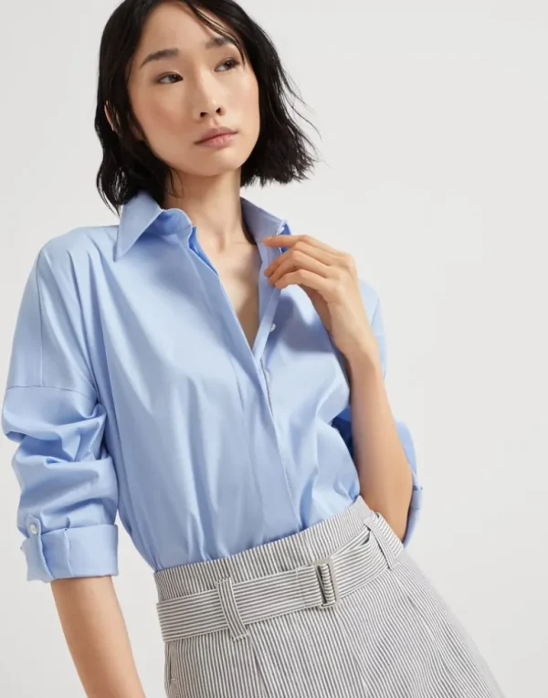 Stretch cotton poplin shirt with shiny trim