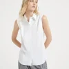 Stretch cotton poplin sleeveless shirt with shiny trim