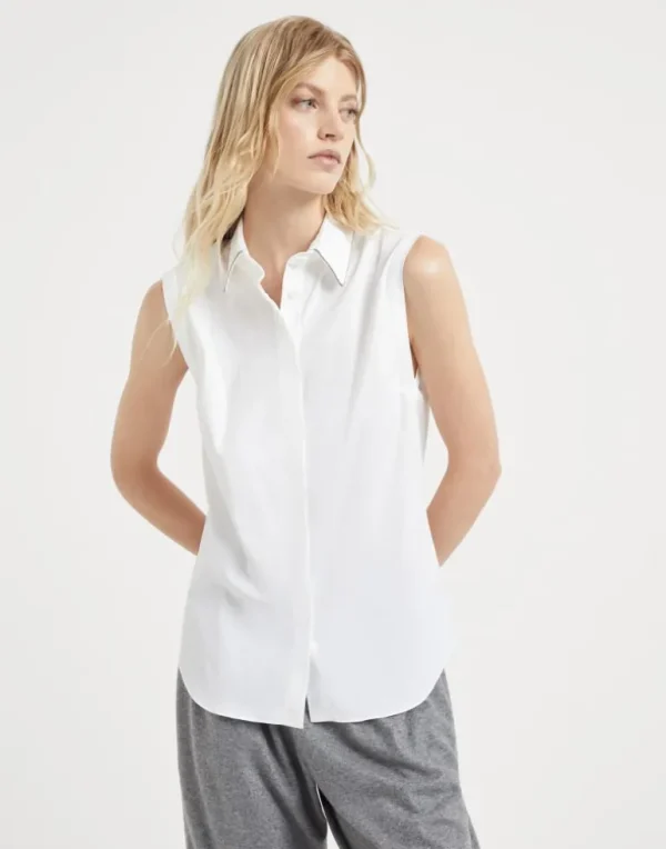 Stretch cotton poplin sleeveless shirt with shiny trim