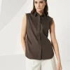 Stretch cotton poplin sleeveless shirt with shiny trim