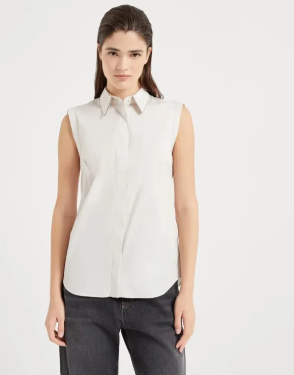 Stretch cotton poplin sleeveless shirt with shiny trim