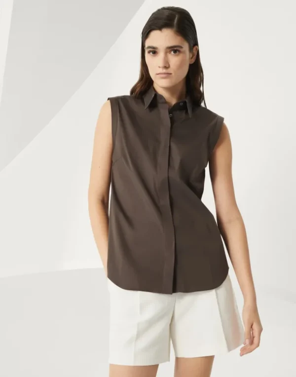 Stretch cotton poplin sleeveless shirt with shiny trim