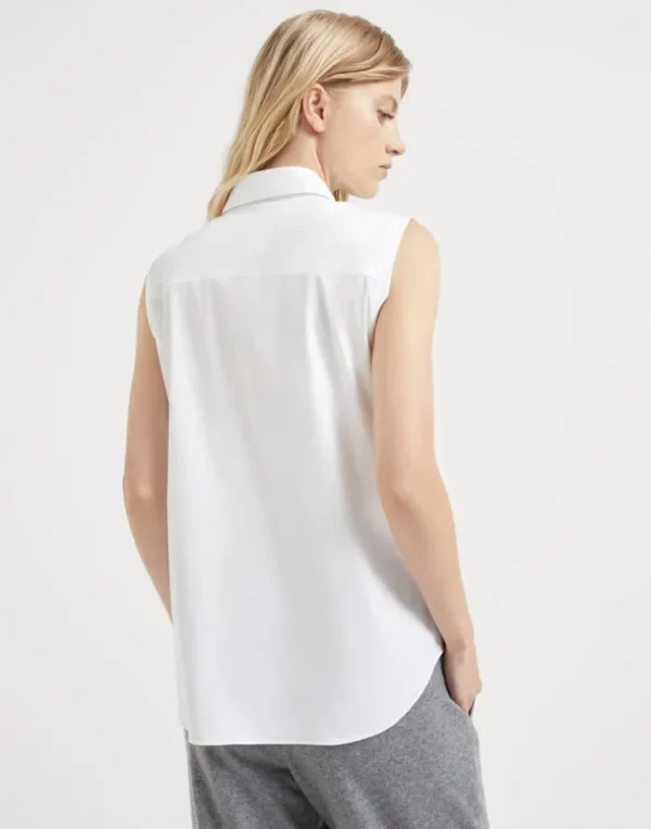 Stretch cotton poplin sleeveless shirt with shiny trim