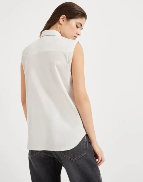 Stretch cotton poplin sleeveless shirt with shiny trim