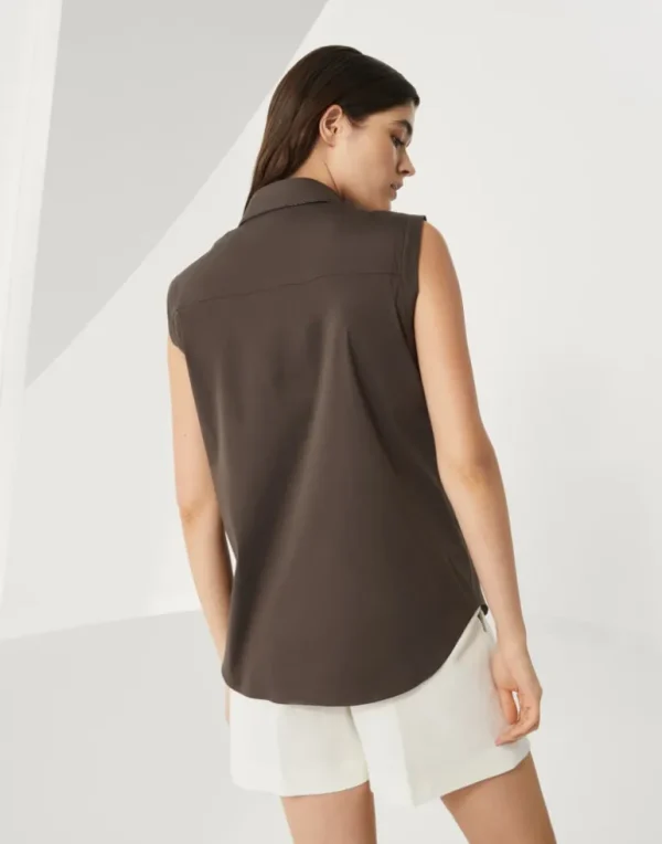 Stretch cotton poplin sleeveless shirt with shiny trim